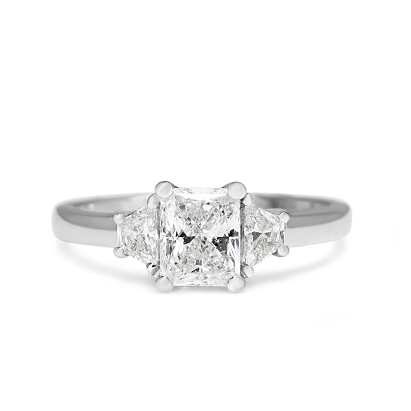 18ct White Gold Radiant and Trapezoid 3 Stone Diamond Ring