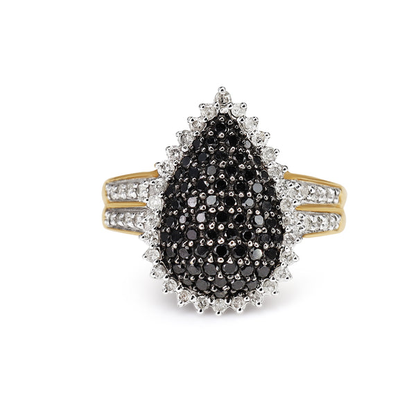 9ct Yellow and White Gold Black and White Diamond Cluster Pear Shaped Ring
