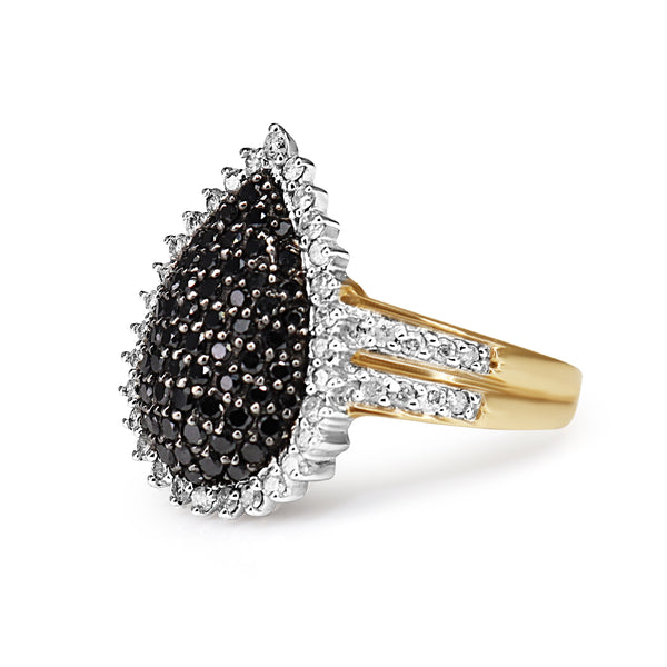9ct Yellow and White Gold Black and White Diamond Cluster Pear Shaped Ring