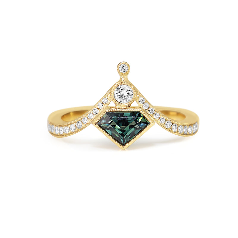 18ct Yellow Gold Teal Sapphire and Diamond Tiara Style Ring