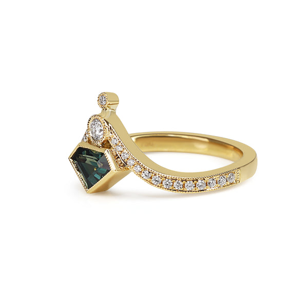 18ct Yellow Gold Teal Sapphire and Diamond Tiara Style Ring