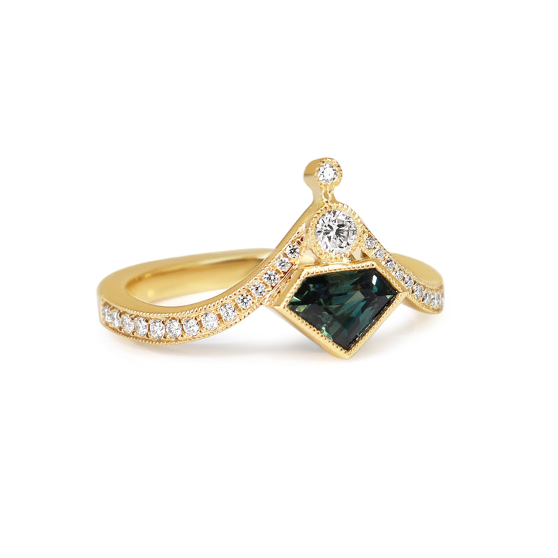 18ct Yellow Gold Teal Sapphire and Diamond Tiara Style Ring