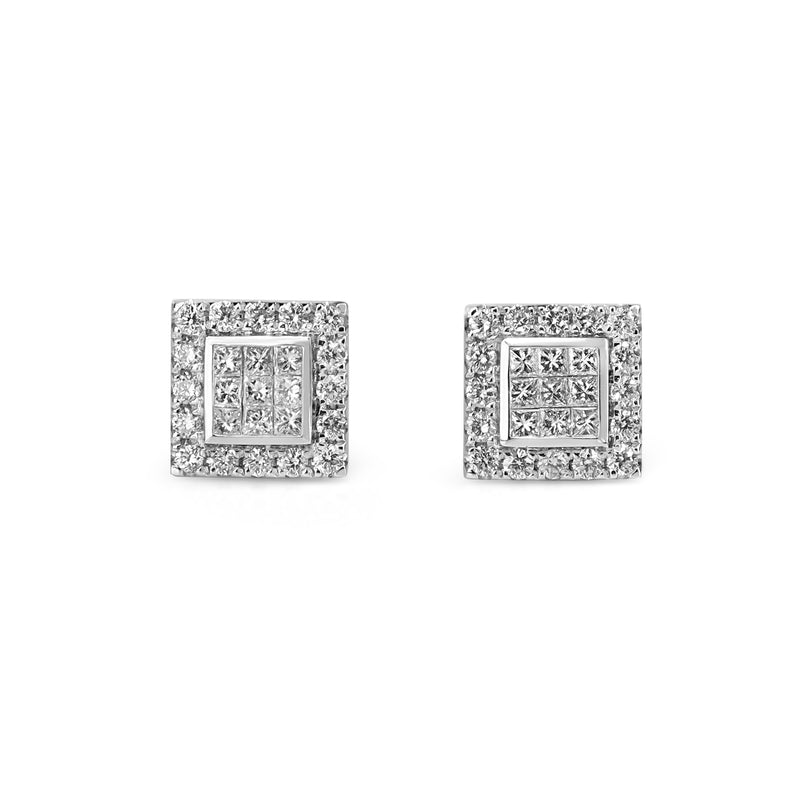 18ct White Gold Princess and Brilliant Cut Diamond Cluster Halo Square Stud Earrings