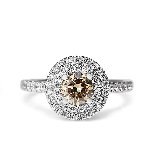 18ct White Gold Champagne Diamond Double Halo Ring