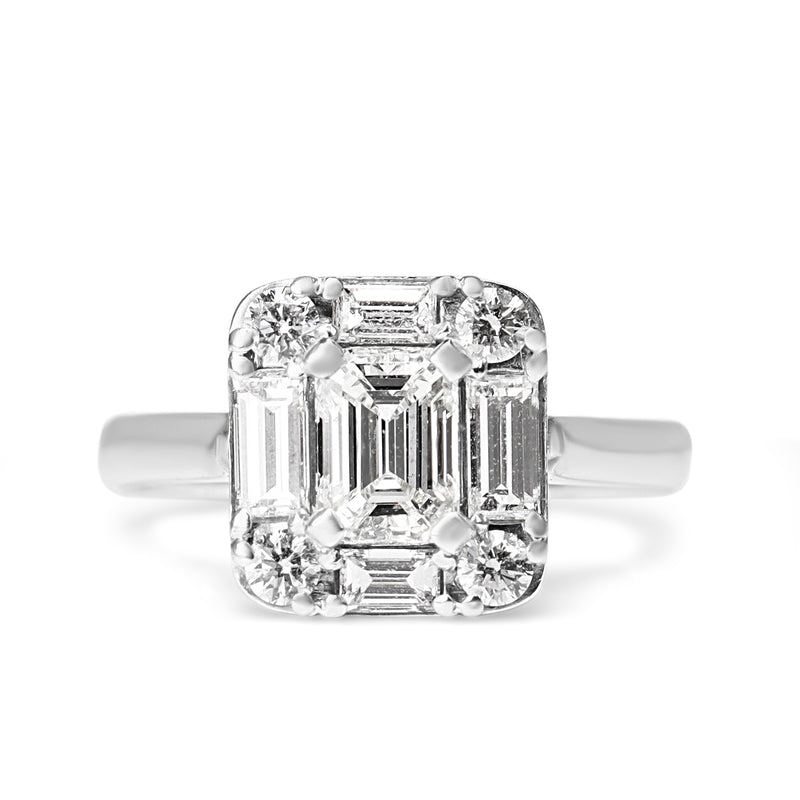 18ct White Gold Emerald, Baguette and Brilliant Cut Deco Style Diamond Ring
