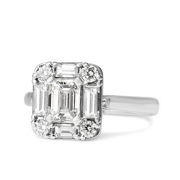 18ct White Gold Emerald, Baguette and Brilliant Cut Deco Style Diamond Ring
