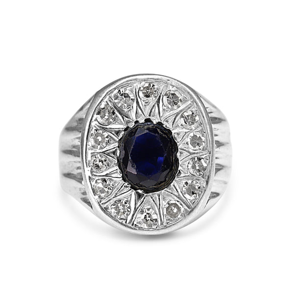 Palladium Vintage Synthetic Sapphire and Diamond Ring