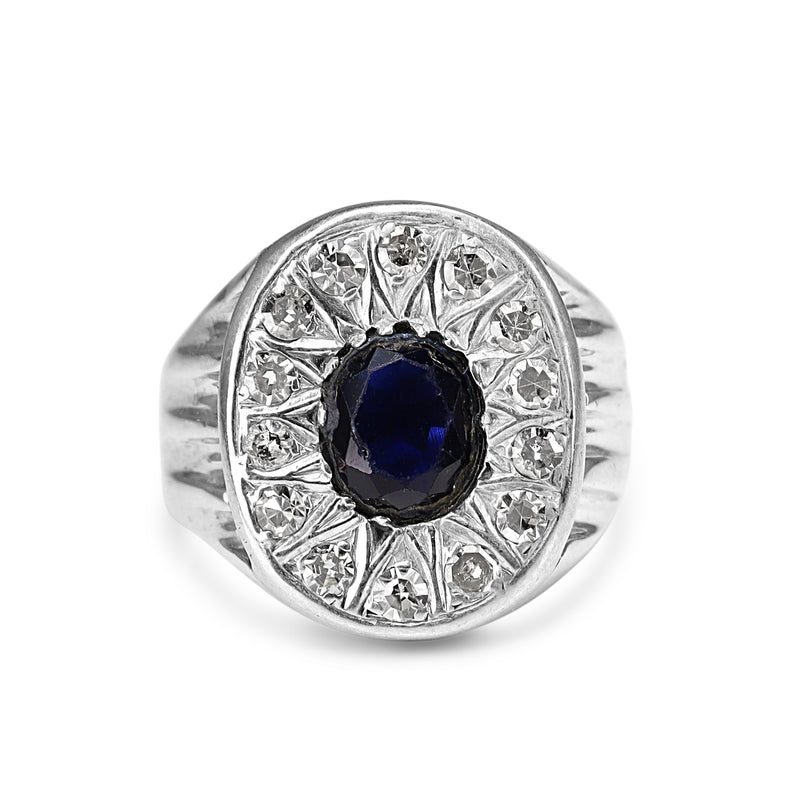 Palladium Vintage Synthetic Sapphire and Diamond Ring