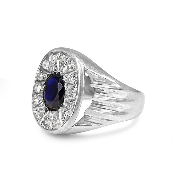 Palladium Vintage Synthetic Sapphire and Diamond Ring