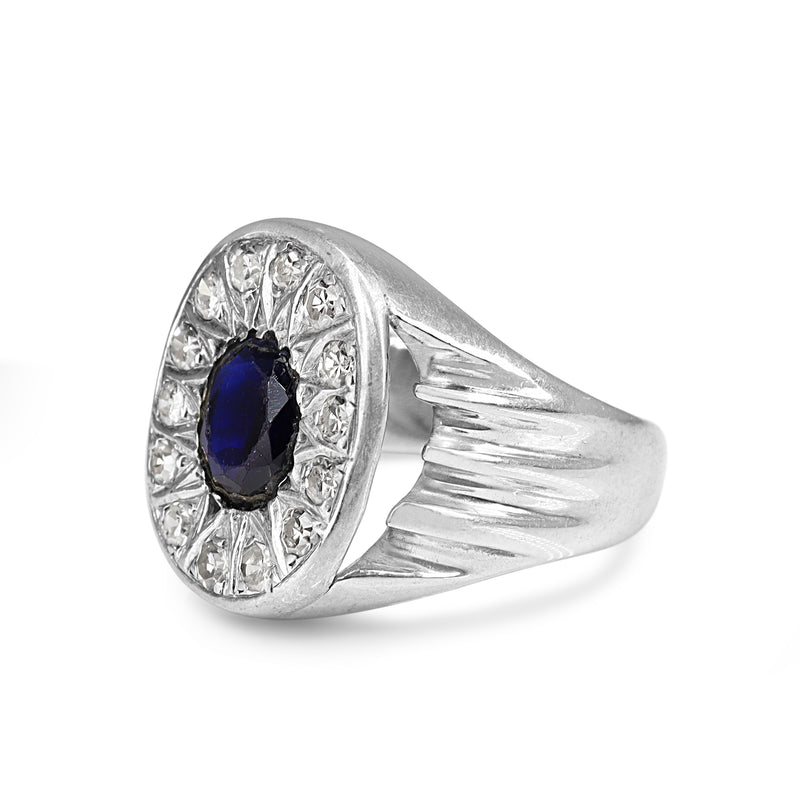 Palladium Vintage Synthetic Sapphire and Diamond Ring