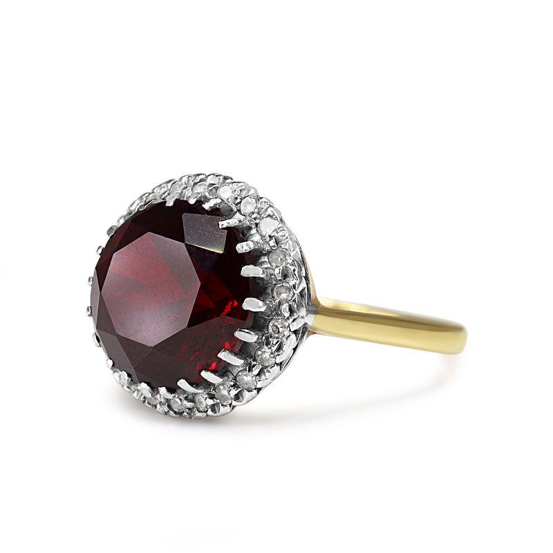 18ct Yellow and White Gold Garnet and Diamond Vintage Halo Ring