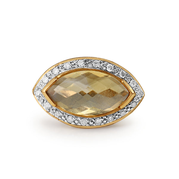 9ct Yellow Gold Yellow Topaz East West Marquise Shaped Halo Diamond Ring