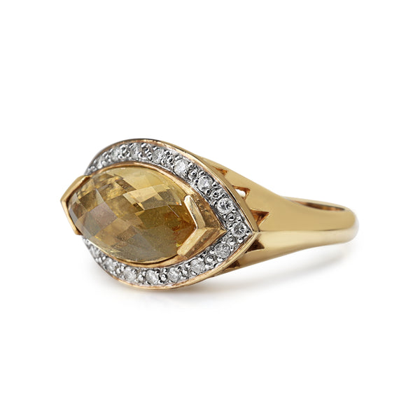 9ct Yellow Gold Yellow Topaz East West Marquise Shaped Halo Diamond Ring