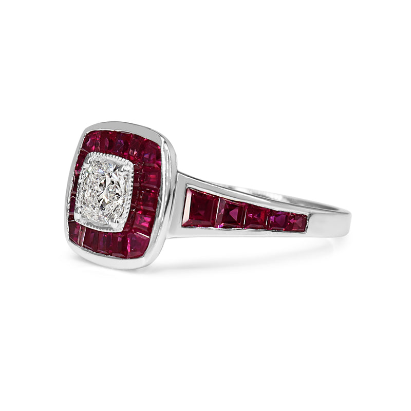 18ct White Gold Cushion Cut Diamond and Channel Set Ruby Halo Ring