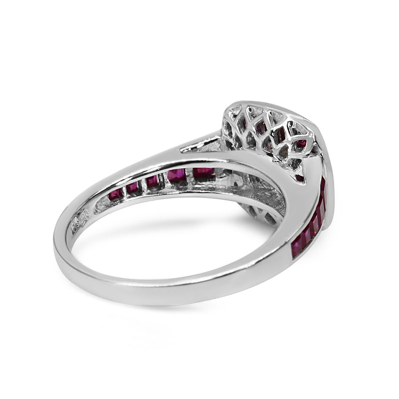 18ct White Gold Cushion Cut Diamond and Channel Set Ruby Halo Ring