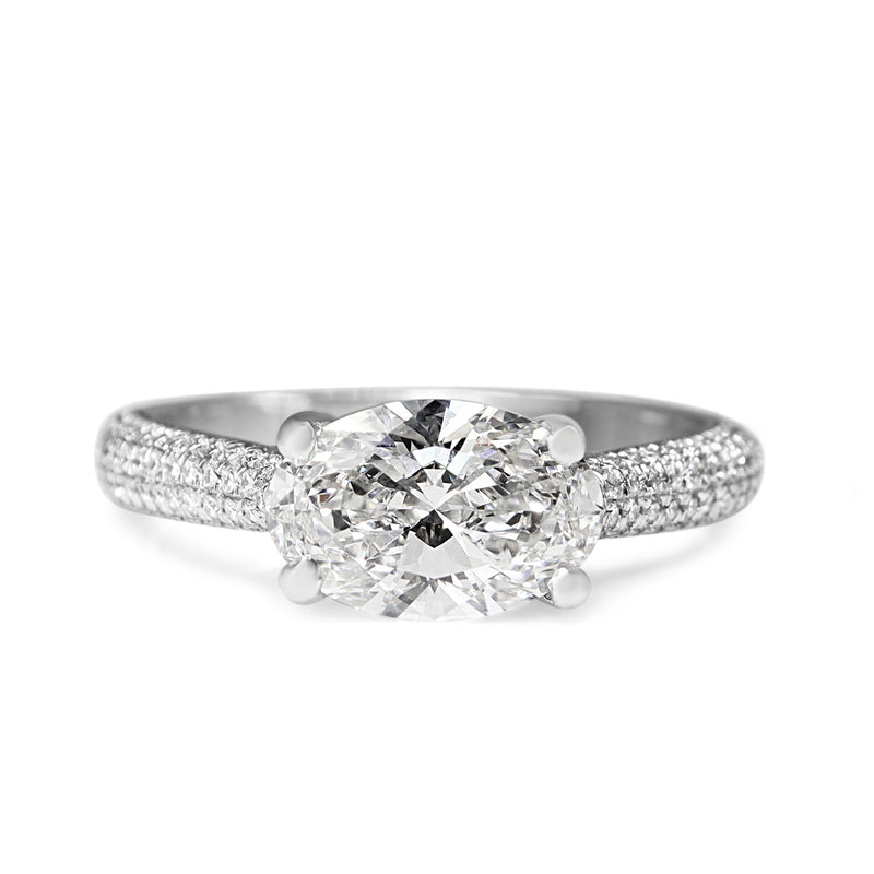 18ct White Gold Oval East West Lab Grown Diamond Ring with Pavé Natural Diamond Band