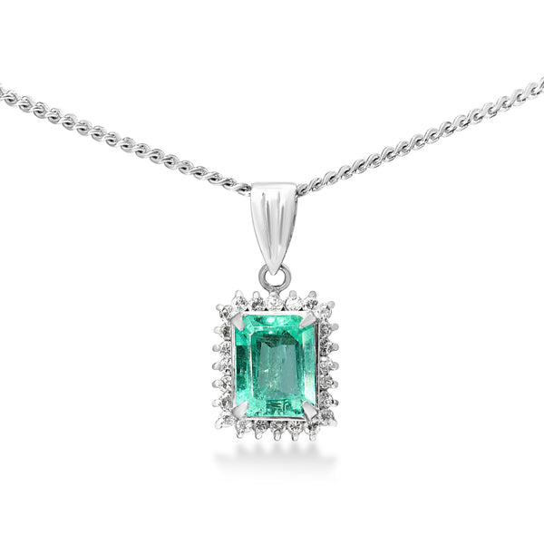 Platinum Emerald and Diamond Halo Necklace