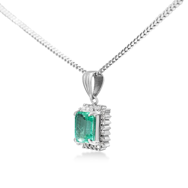 Platinum Emerald and Diamond Halo Necklace