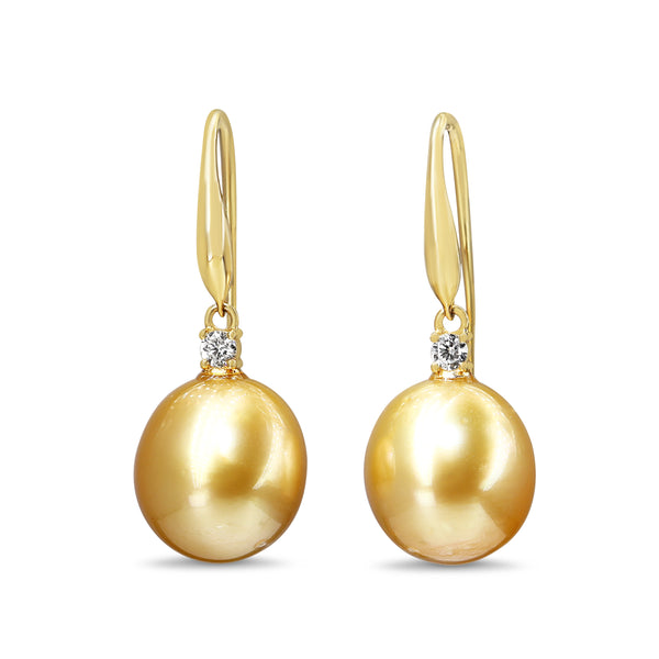 18ct Yellow Gold 12.5mm Golden South Sea Pearl and Diamond Earrings