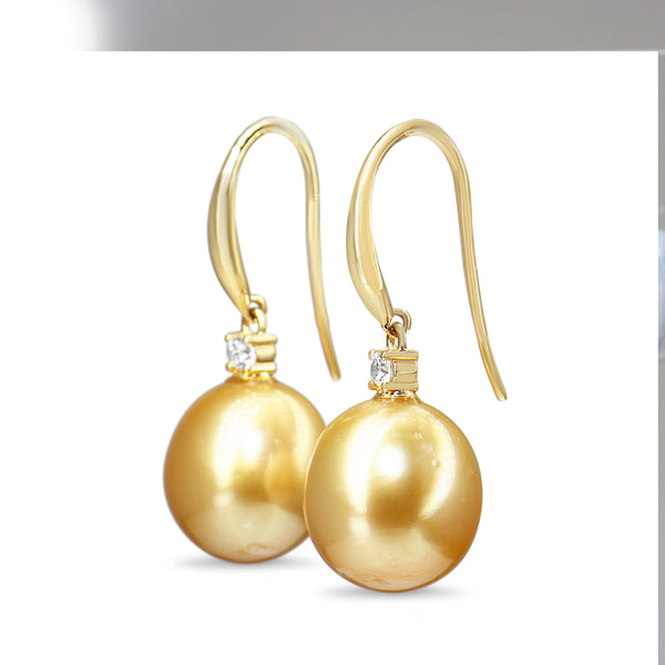 18ct Yellow Gold 12.5mm Golden South Sea Pearl and Diamond Earrings