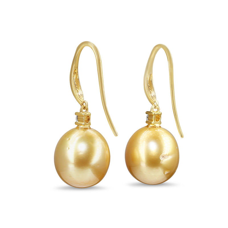 18ct Yellow Gold 12.5mm Golden South Sea Pearl and Diamond Earrings