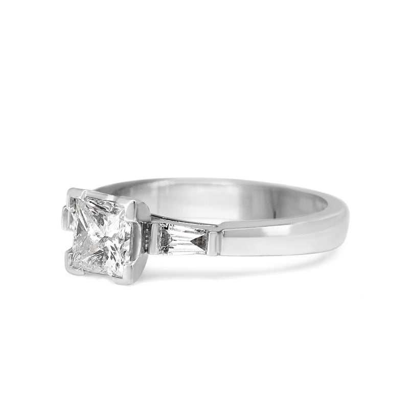18ct White Gold Princess and Tapered Baguette 3 Stone Diamond Ring