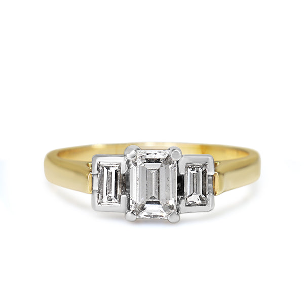 18ct Yellow and White Gold Emerald and Baguette Cut 3 Stone Diamond Ring