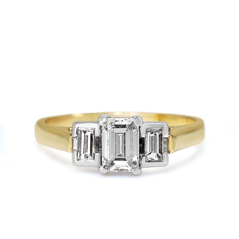18ct Yellow and White Gold Emerald and Baguette Cut 3 Stone Diamond Ring