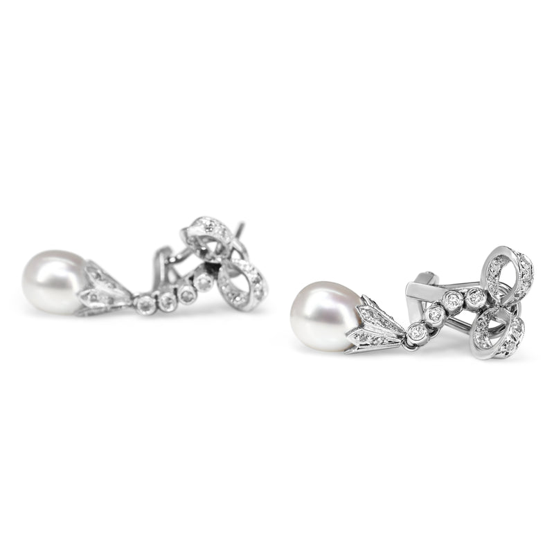 Palladium Vintage 7mm Fresh Water Pearl and Single Cut Diamond Bow Earrings