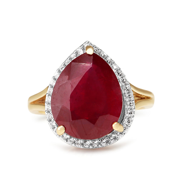 9ct Yellow and White Gold Treated Pear Shaped Ruby and Diamond Halo Ring
