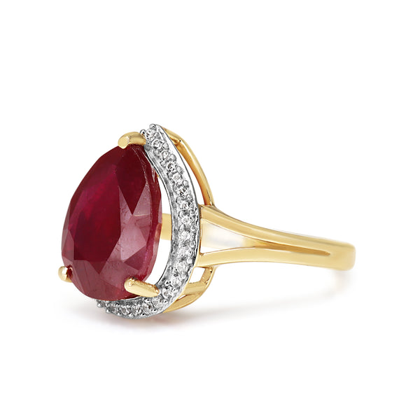 9ct Yellow and White Gold Treated Pear Shaped Ruby and Diamond Halo Ring