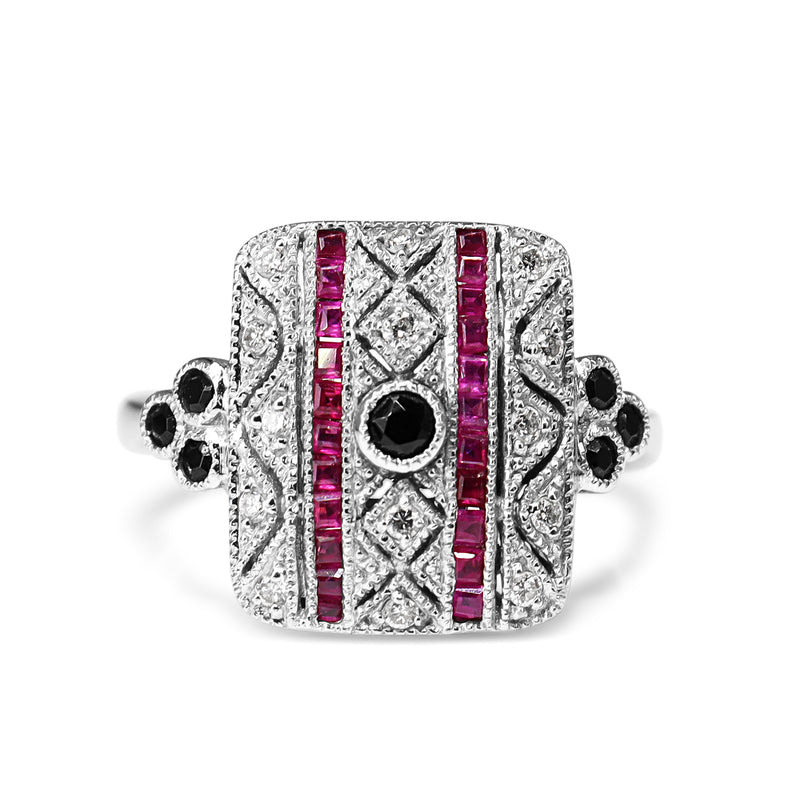 18ct White Gold Ruby, Onyx and Diamond Art Deco Style Ring