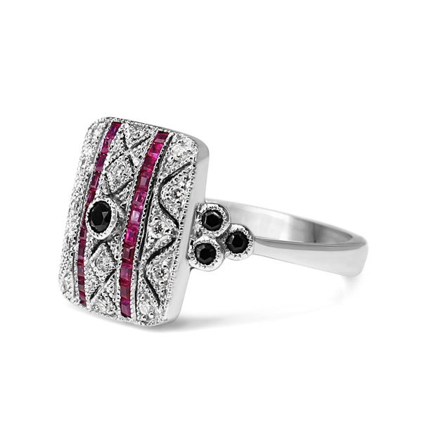 18ct White Gold Ruby, Onyx and Diamond Art Deco Style Ring