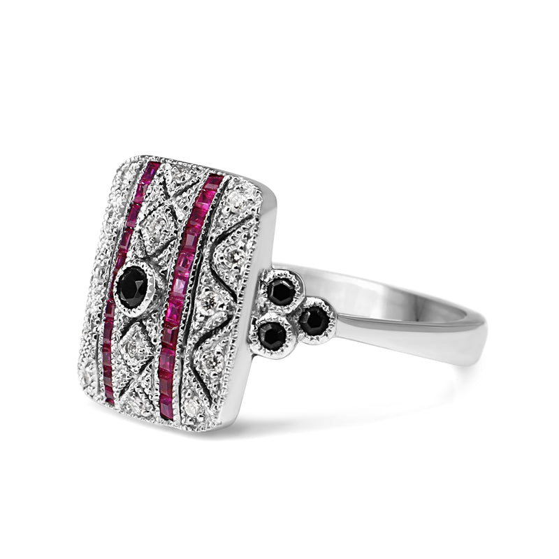 18ct White Gold Ruby, Onyx and Diamond Art Deco Style Ring