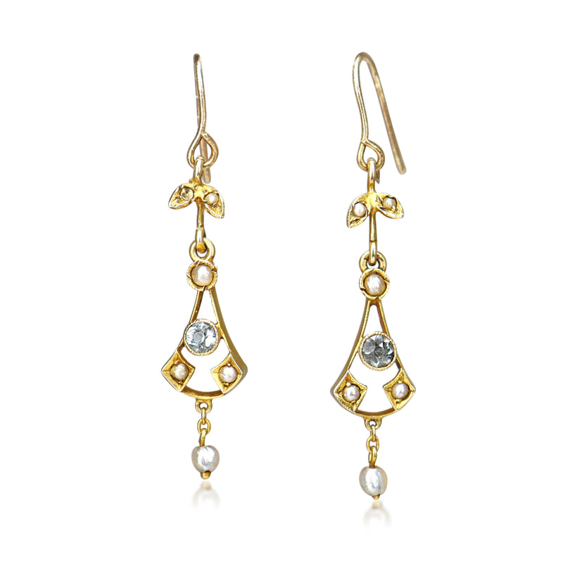 9ct Yellow Gold Antique Aquamarine and Pearl Earrings