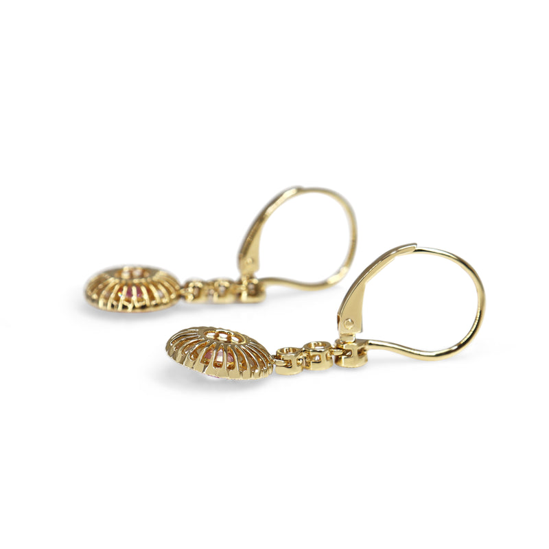 18ct Yellow and White Gold Pink Sapphire and Diamond Halo Drop Earrings