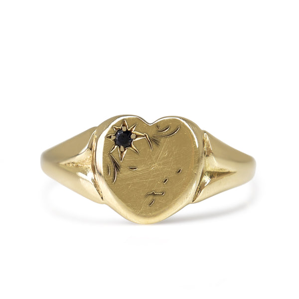 9ct Yellow Gold Heart Signet Ring with Sapphire