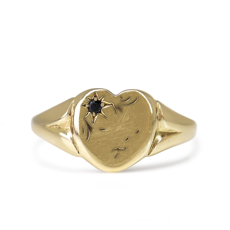 9ct Yellow Gold Heart Signet Ring with Sapphire