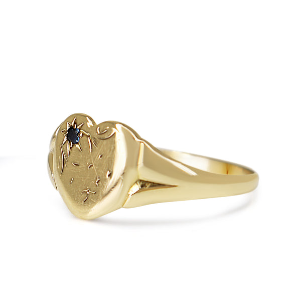 9ct Yellow Gold Heart Signet Ring with Sapphire