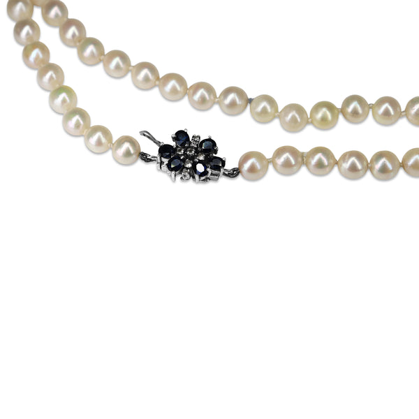 7mm Cultured Pearl Strand on Silver, Sapphire and Diamond Clasp