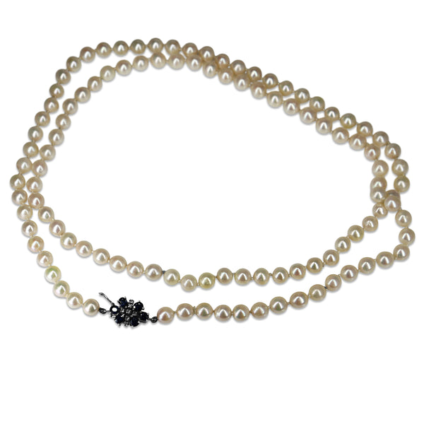 7mm Cultured Pearl Strand on Silver, Sapphire and Diamond Clasp