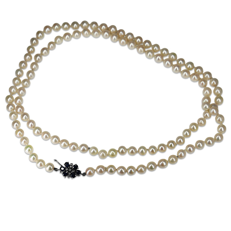7mm Cultured Pearl Strand on Silver, Sapphire and Diamond Clasp