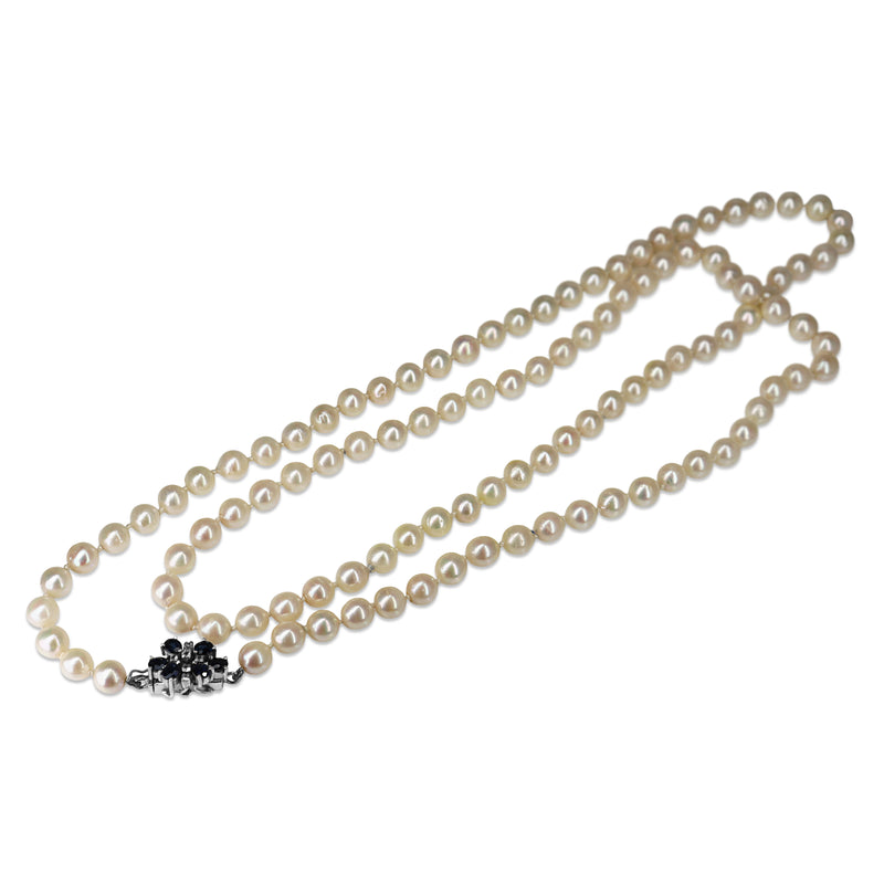 7mm Cultured Pearl Strand on Silver, Sapphire and Diamond Clasp
