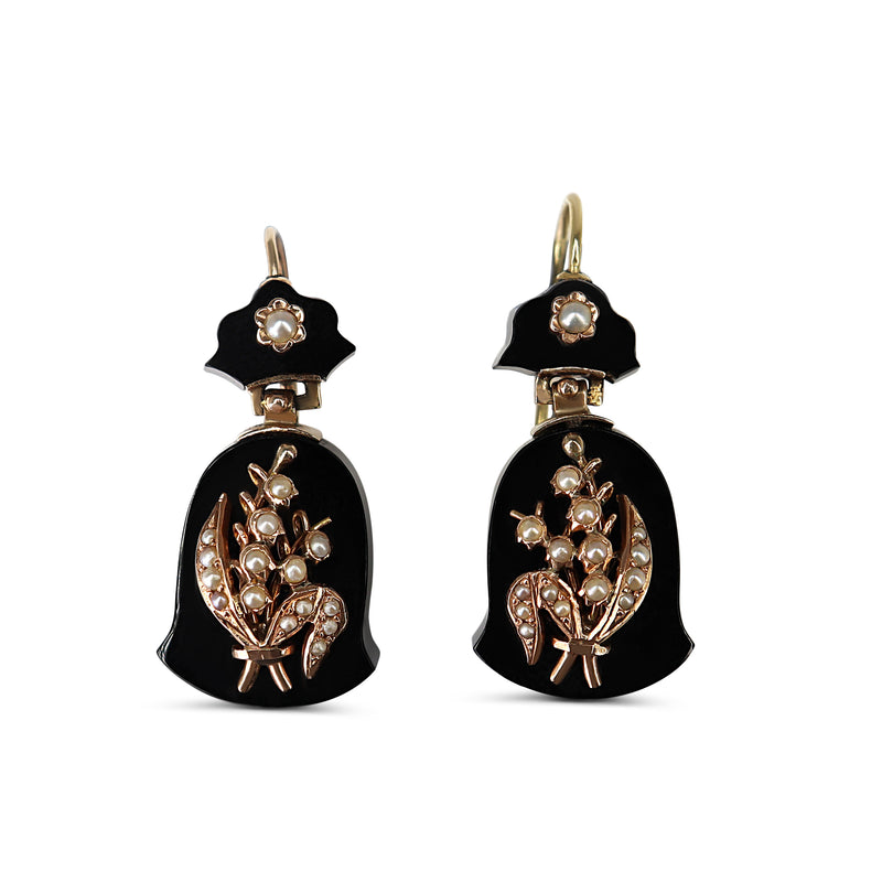 14ct Yellow Gold Antique Jet and Pearl Victorian Earrings