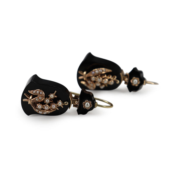 14ct Yellow Gold Antique Jet and Pearl Victorian Earrings