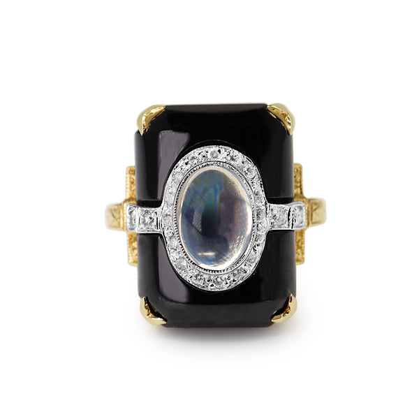18ct Yellow and White Gold Art Deco Moonstone, Onyx and Diamond Etched Band Ring