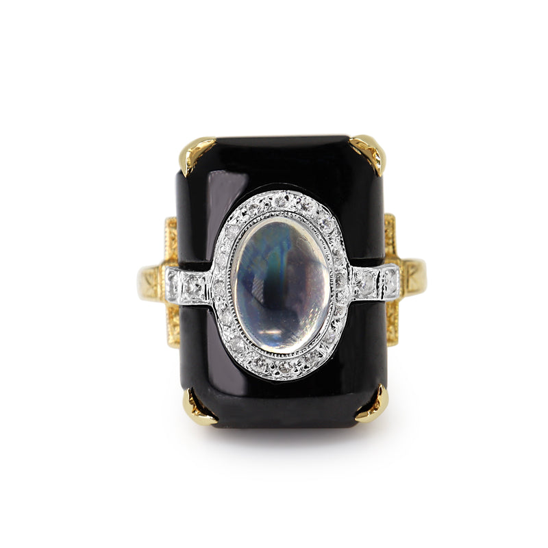 18ct Yellow and White Gold Art Deco Moonstone, Onyx and Diamond Etched Band Ring