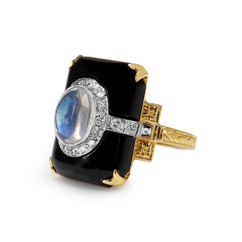 18ct Yellow and White Gold Art Deco Moonstone, Onyx and Diamond Etched Band Ring