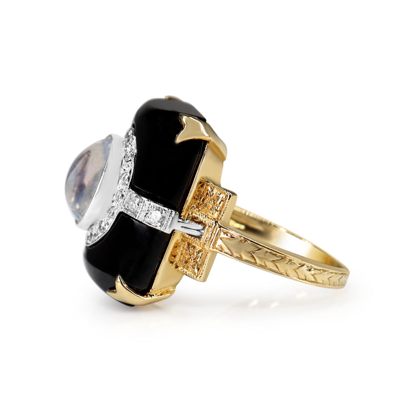 18ct Yellow and White Gold Art Deco Moonstone, Onyx and Diamond Etched Band Ring