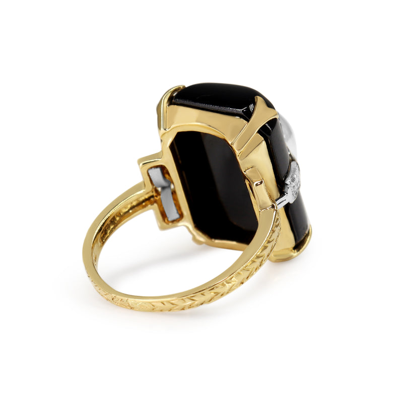 18ct Yellow and White Gold Art Deco Moonstone, Onyx and Diamond Etched Band Ring